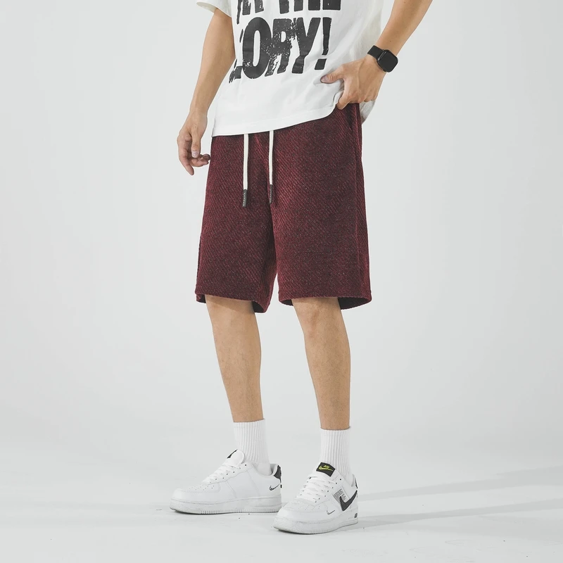 

2026 Men's Casual Shorts Diagonal Texture Drawstring Elastic Waist Loose Knee Length Streetwear Summer Breathable Sweat Shorts