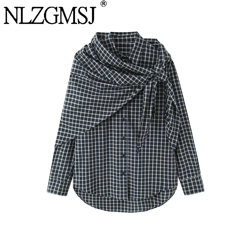 Nlzgmsj 2026 Damen Langarm-Hemd Kariertes Knopfleisten-Oberteil mit Kragen Neue Mode Schal-Dekoration Hemden Lässiger Stil Top ﻿