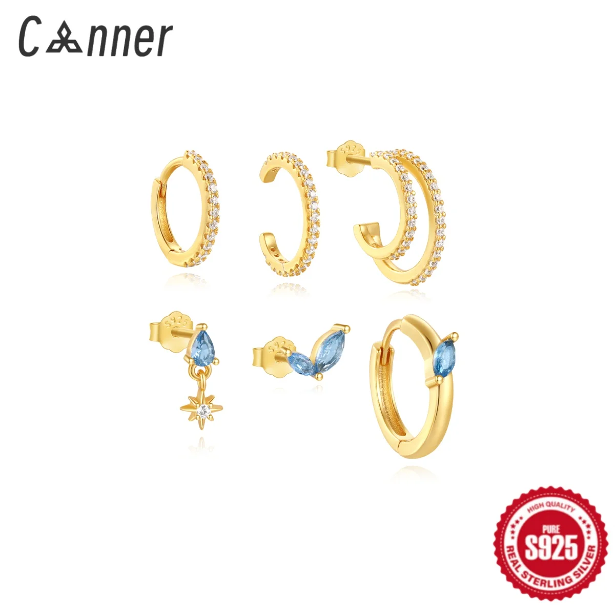 CANNER Versatile Octagonal Star Combination Earrings Set For Women 925 Silver 18K Gold Horse Eye Irregular Zircon Fine Jewelry