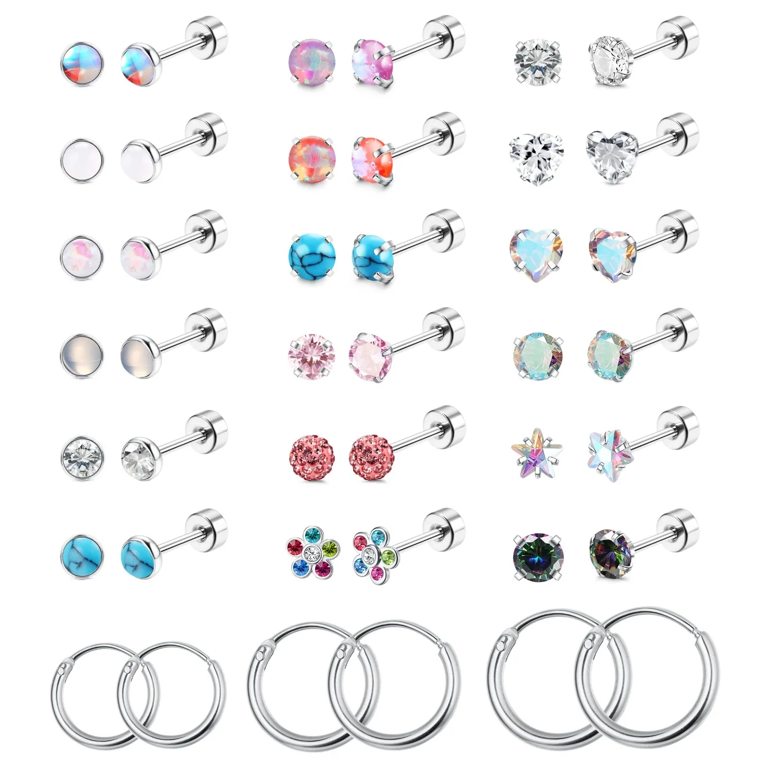 

Bobisty 21Pairs Stud Earrings Set for Women Stainless Steel Earrings Cute CZ Heart Pearl Cat Flower Butterfly Flat Back Earrings