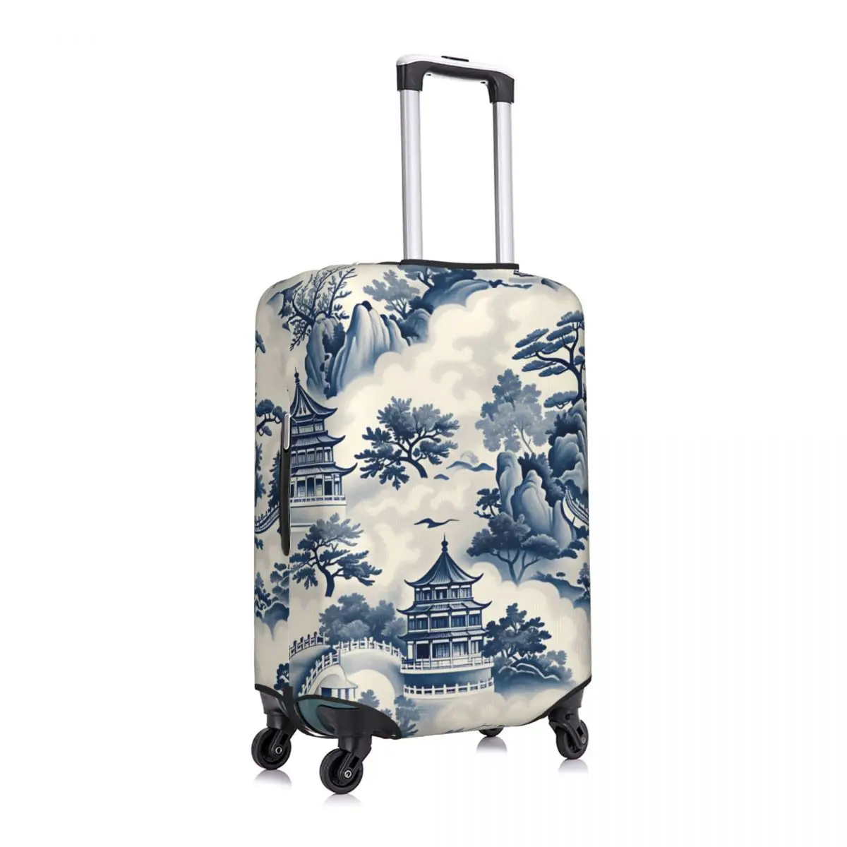 Custom Chinoiserie Blue White Pagoda Mountain Landscape Luggage Cover Protector Travel Suitcase Protective Cover for 18-32 Inch