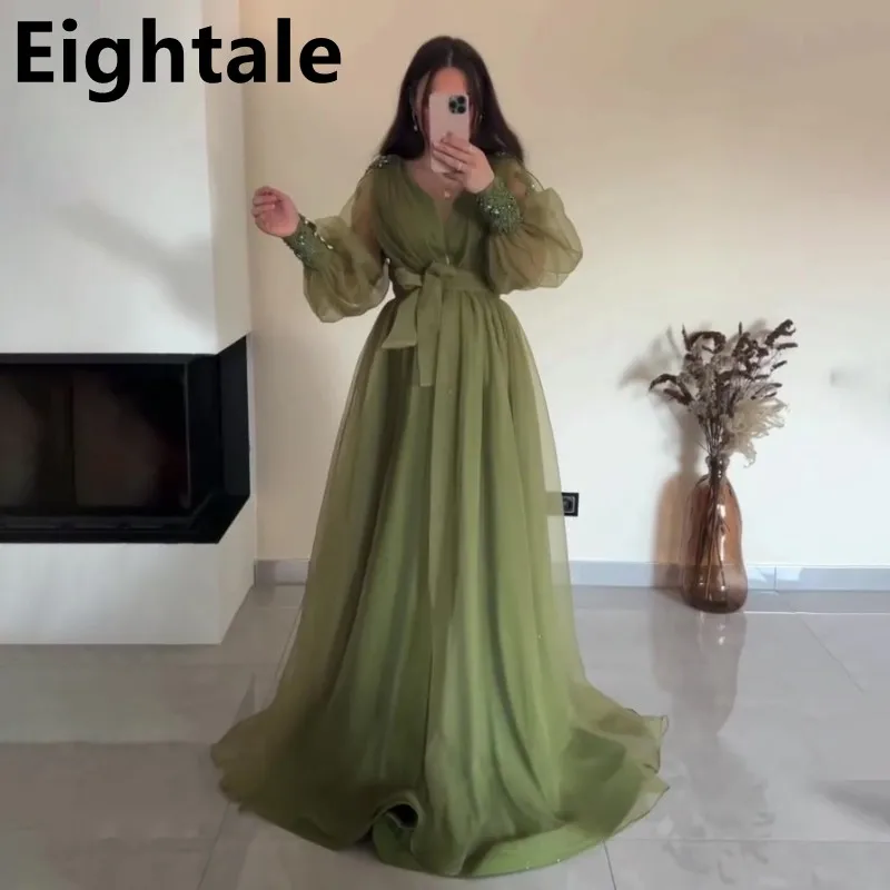 Army Green A Line Evening Dresses For Pregnant Women 2022 Lace Beaded Puff Sleeve Maternity Prom Dress Arabic Formal Party Gown