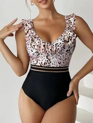 Leopard Ruffle  One Piece Swimsuit Women 2026 High Waist Mesh Tape Swimwear Female Beachwear V-neck Bathing Swimming Suit Summer