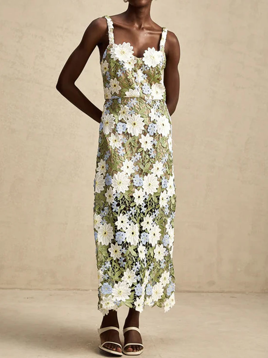 TWOTWINSTYLE カラーブロック痩身ファッションミディドレス女性のためのスクエアネックノースリーブパッチワークアップリケドレス女性服