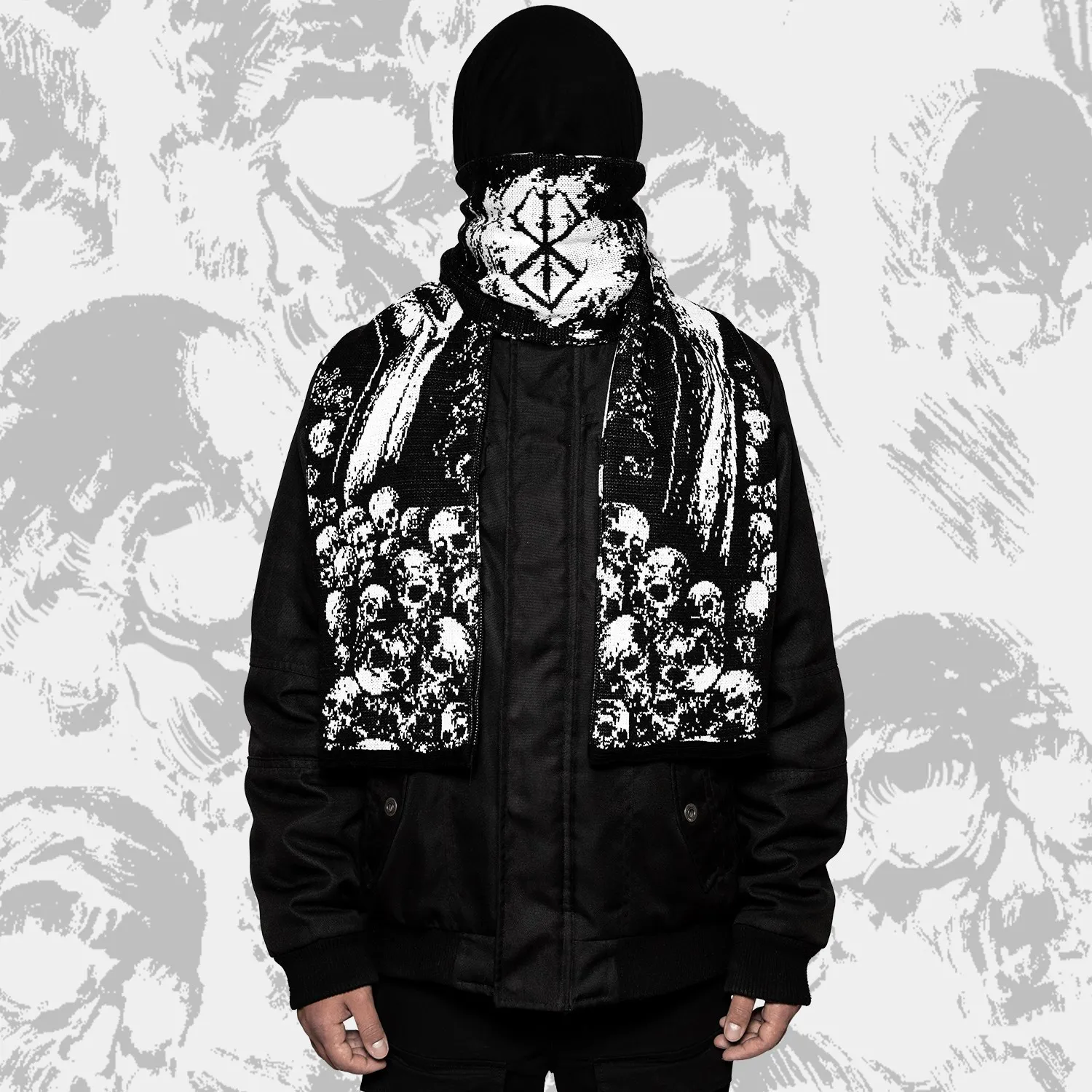 Moda criativa crânio listrado malha y2k cachecol feminino inverno unisex cachecol avental preto borla luminosa kpop feminino luxo