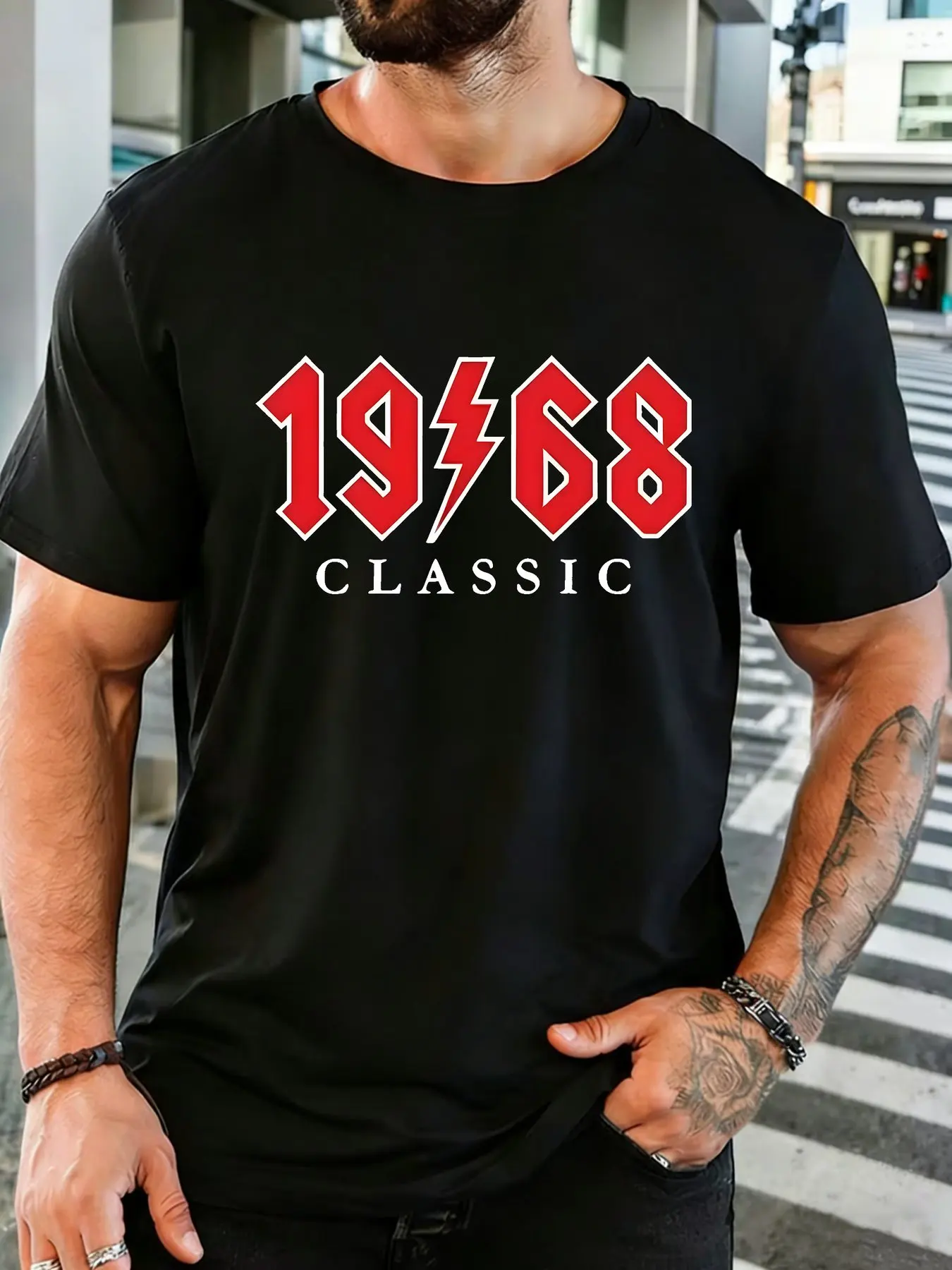 Mens Crew Neck Tshirt Retro 1968 Lightning Bolt Classic Print Short Sleeve Tee For 1968 Birth Rock Lover Daily Casual Outfit
