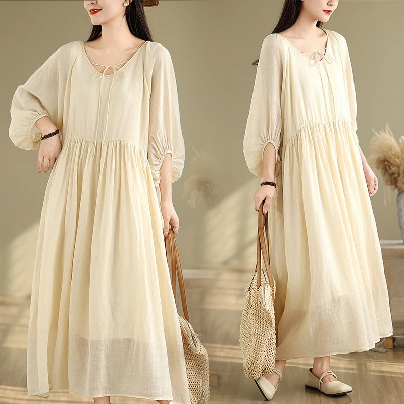 Primavera verão novo estilo chinês solto emaecimento aodão linho vestido f casual estilo preguiçoso cintura alta s...