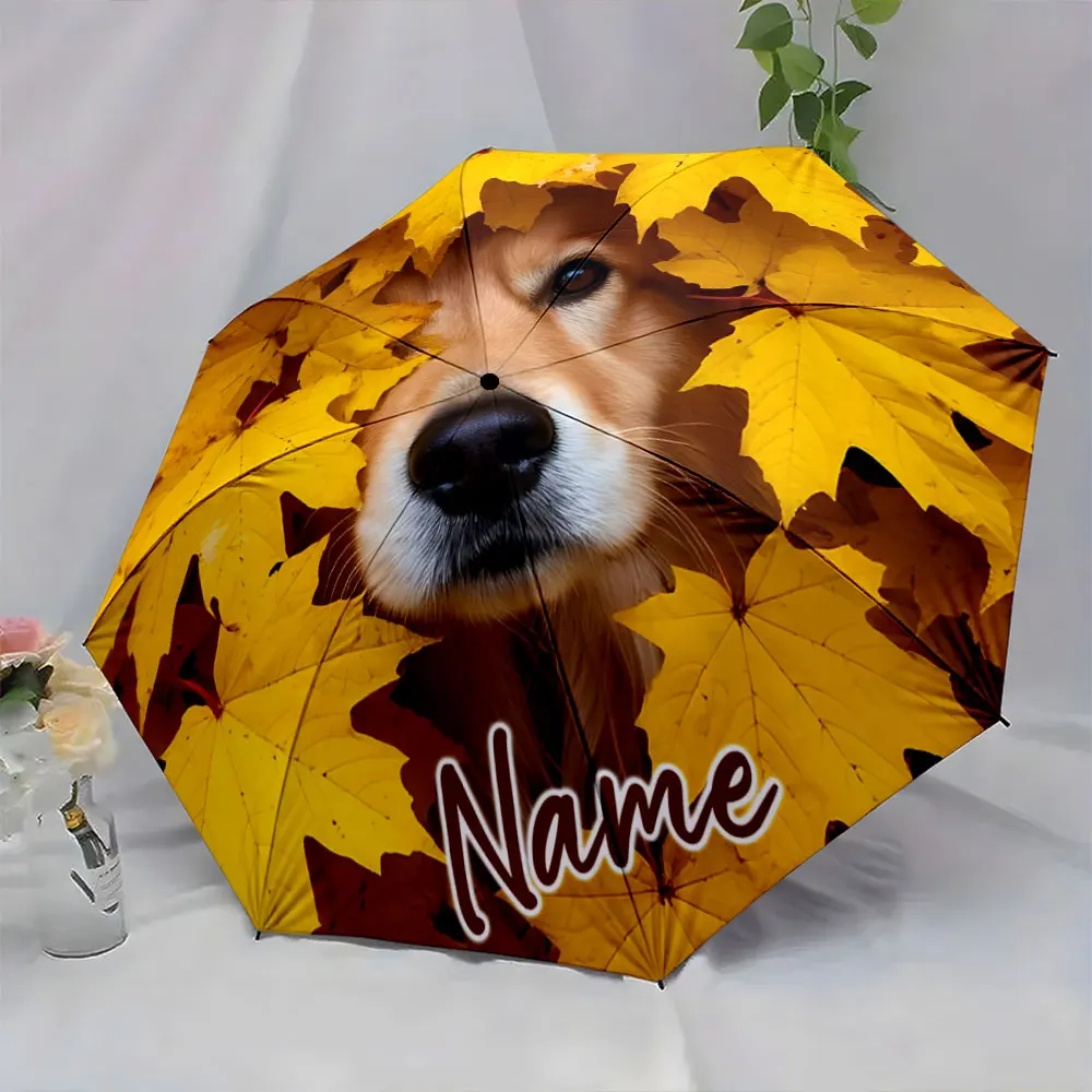 Custom Name Golden Fall Dog Umbrella with Personalized Design Print 8 Iron Ribs Folding Umbrella, Auto-Open Fashion Sunshade