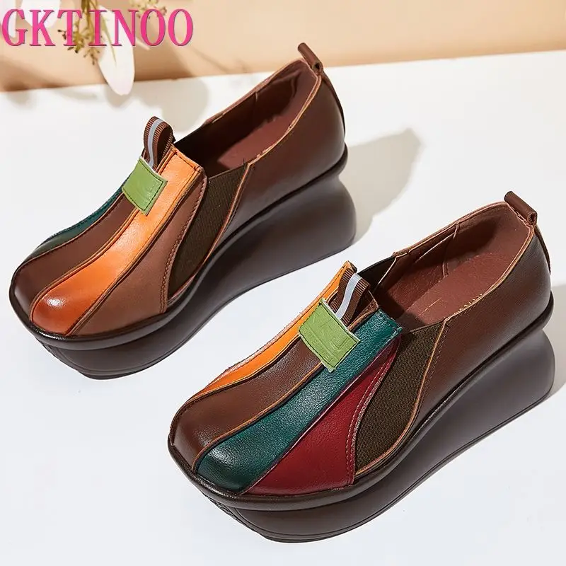 GKTINOO 2024 Spring Retro Women Genuine Leather Shoes Mixed Color Wedges Heels Shoes Thick Sole Casual Ladies Platform Shoes