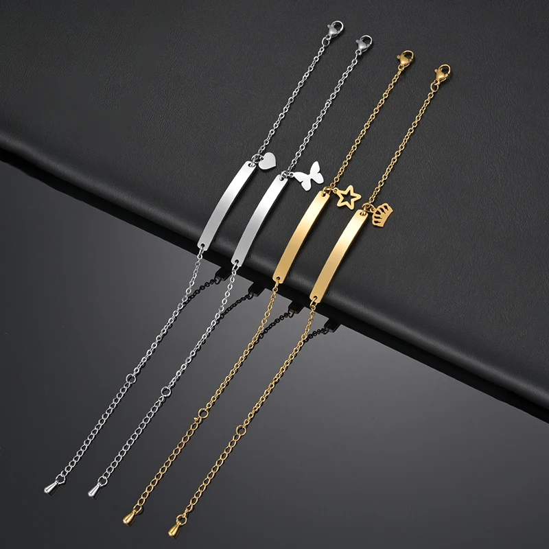 Pulsera de acero inoxidable con grabado de corazón y nombre, placa con letras personalizadas, pulseras con fecha y mariposa para mujer, regalo de joyería para niña
