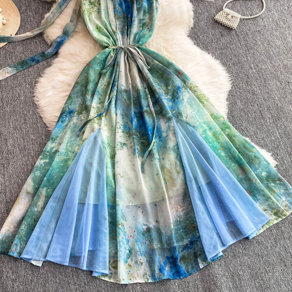 Verão elegante tie dye midi vestido para mulheres fita tule costura em camadas queimado feminino vestidos de baile novo em 2025 rendas até chique