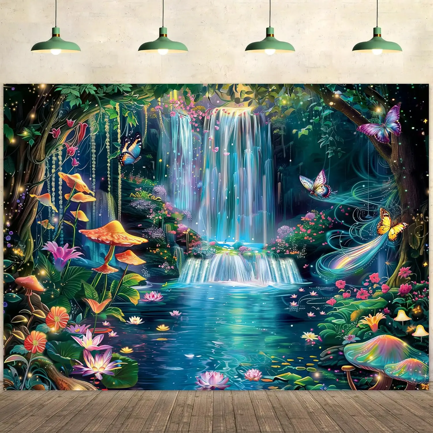 Tapiz de cascada del bosque encantado, arte de pared mágico para jardín de hadas, decoración de paisaje con setas y mariposas para dormitorio, sala de estar