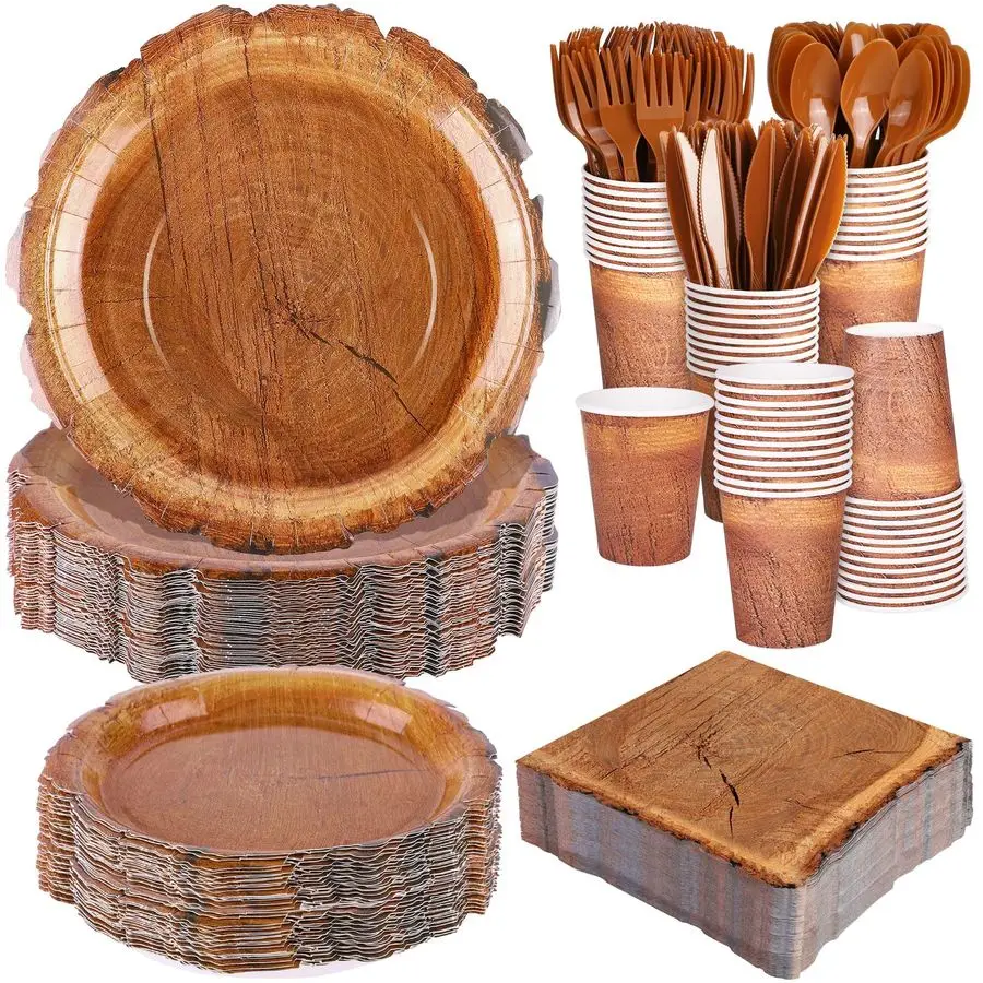 

Pieces Wood Grain Slice Disposable Party Tableware Sets Rustic Wood Party Supplies Including Plates Cups Napkins Cutlery Serves