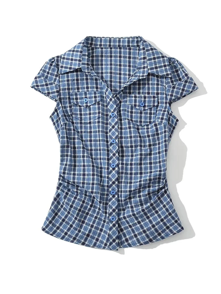 

Summer Blue Plaid Korean Style Shirts Women Short Sleeve Ruched Slim Tops Blouses