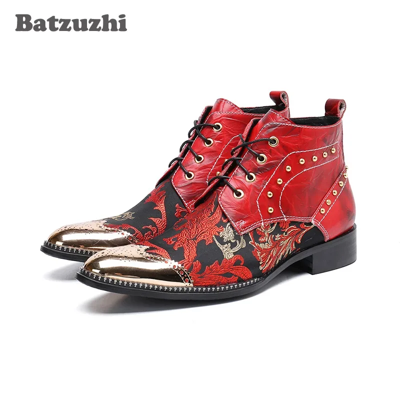 Batzuzhi Fashion Luxury Genuine Leather Men Boots Embroidery Men Ankle Cowboy Boots Rivets Male Party and Wedding Boots, US6-12