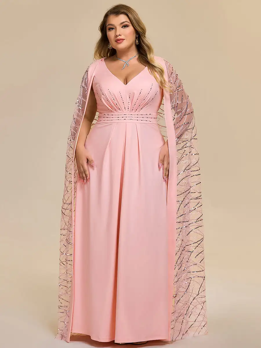 

BAZIIINGAAA Party Dress A Plus Size Sleeveless Deep V-Neck Rhinestone A-Line Floor Length Evening Dresses