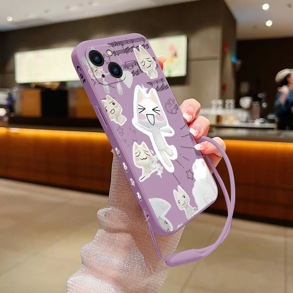 Cute Toro Inoue Cat Phone Case For iPhone 15 14 13 12 11 Pro Max Mini X XR XSMAX 8 7 6S Plus Soft Silicone Cover With Hand Strap