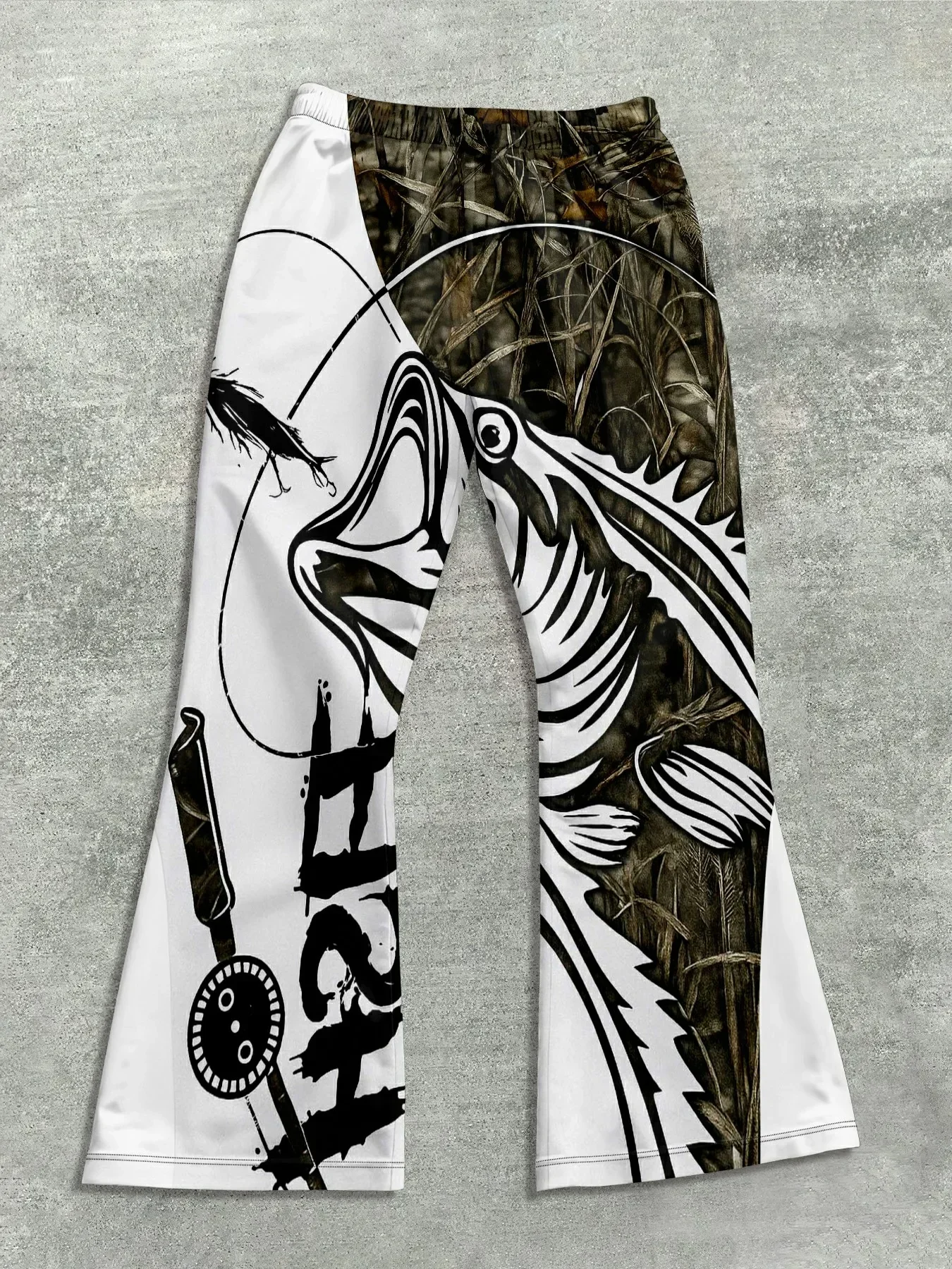 Unisex Vintage Camo Fishing Bass Fish Print Flare Sweatpants Casual Outdoor Camping Hiking Daily Streetwear for Adult Men Women
