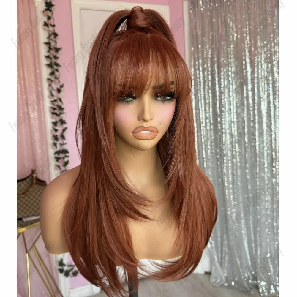

100%Human Hair For Women 360 Lace Frontal Wigs Ginger Brown Orange Colored With Bangs Natural Hairline Full Lace Wigs Human Hair