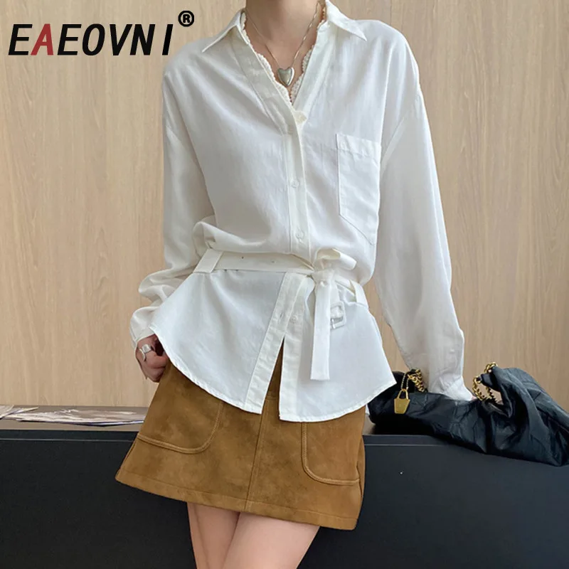 

EAEOVNI White Casual Women's Blouse V Neck Belt Gathered Waist Design Long Sleeve Slim Shirt Fashion 2025 New Clothing