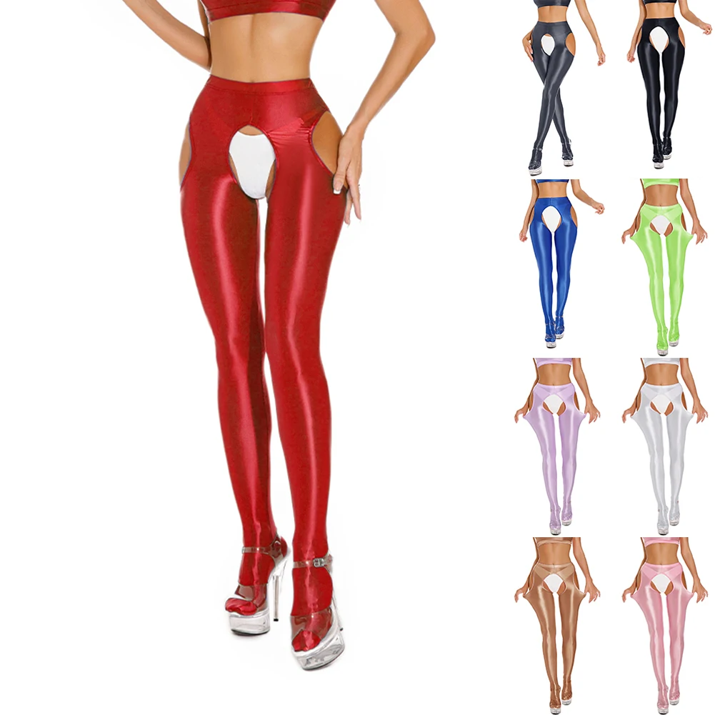 Mallas sexys transparentes para mujer, brillantes, aspecto húmedo, entrepierna abierta, pantalones elásticos ajustados para Yoga y baile