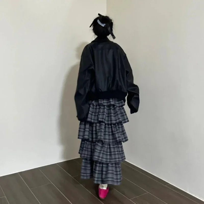 Deeptown Vintage Ruffle Plaid Skirt Women Elegant Sweet Long Skirts Japanese Style Streetwear Fashion Patchwork Layered Skirt