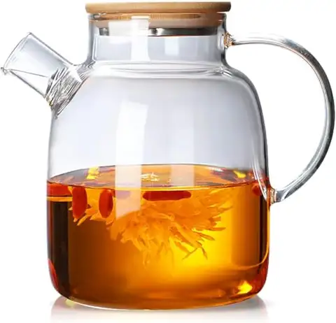 Borosilicate Glass Teapot Stovetop 1000/1800ml, Glass Tea Kettle with Wooden Lid, Teapot for Loose Leaf/Fruit/Fragrant Tea