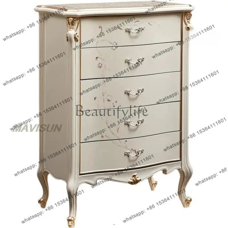 

American Solid Wood Chest Of Drawers White Light Luxury Hand-Carved Pattern Storage Cabinet Simple Bedroom Home Kitchen Stand