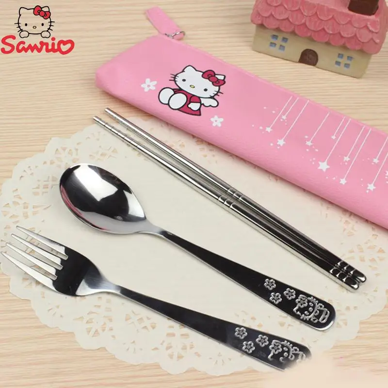 

Anme Sanrio Tableware Set Hello Kitty Cartoon Baby Meal Metal Spoon Fork Chopsticks Kawaii Tableware Children Tableware Gifts