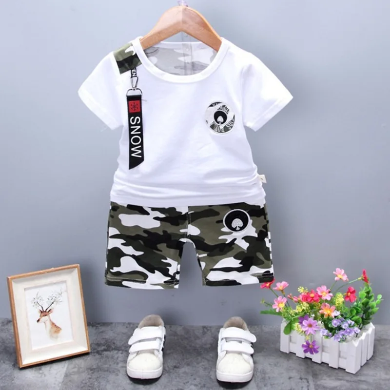 Children Sets for Boys  Korean Style New Summer Casual 1-4 Years Old Cotton Short-sleeved + Camouflage Shorts Two-piece Set