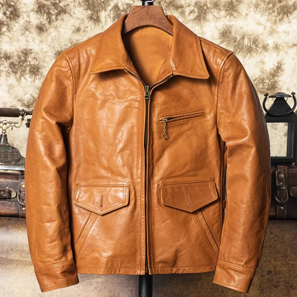 Big 5XL Calf Leather Mans Jacket and Coats Newsboy Cowhide Leather Winter Merns Blazer Jacket Overcoats Brown American Designer