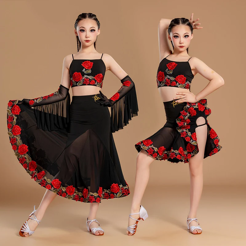 

New Latin Dance Performance Dress Girls Embroidery Rose Suit Chacha Waltz Dance Kids Latin Modern Dance Stage Clothing DN20506