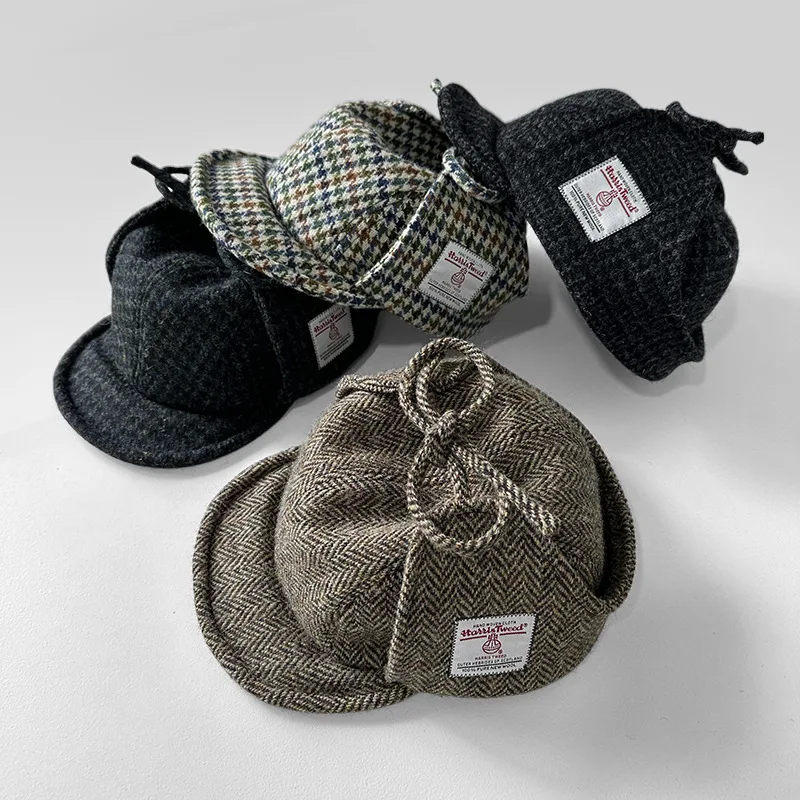Harris Tweed Trapper Hat Wool Plaid Aviator Hat Winter Warm Windproof Ear Flap Cap for Men Women