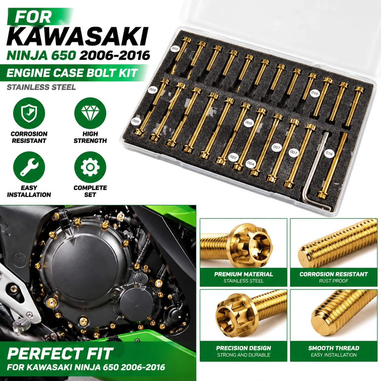 Stainless Steel Engine Case Bolt Kit for Kawasaki Ninja 650 2006-2016 Motorcycle Cover Screws Corrosion Resistant Fastener Set