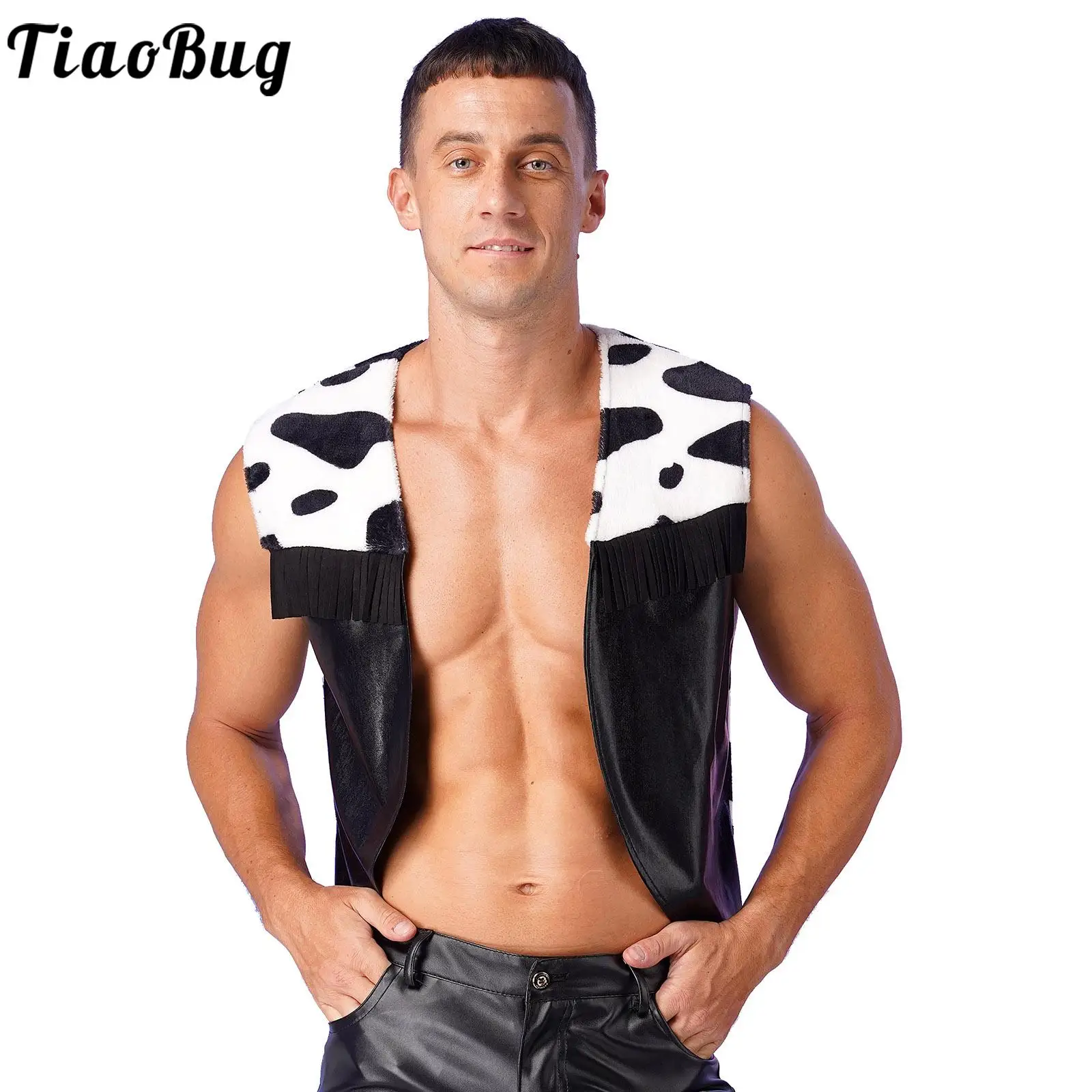 Mens Cow Print Western Cowboy Vest Tops Flannel Metallic Spliced Cardigan Open Front Tassel Outerwear Halloween Costumes