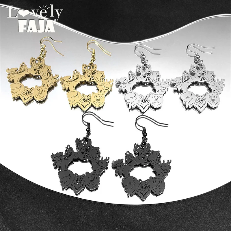 Wicca Cute Animals Pendant Hoop Earrings for Women Stainless Steel Gold Color Elk Bear Wolf Sheep Hollow Earring Jewelry Gift