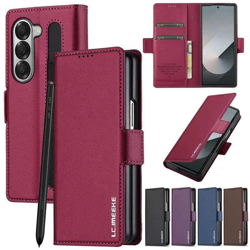 LC.imeeke Magnetic Flip Leather Phone Case for Samsung Galaxy Z Fold 6 5 4 3 5G Fold6 Fold5 Fold4 Wallet Card Cover Etui Coque