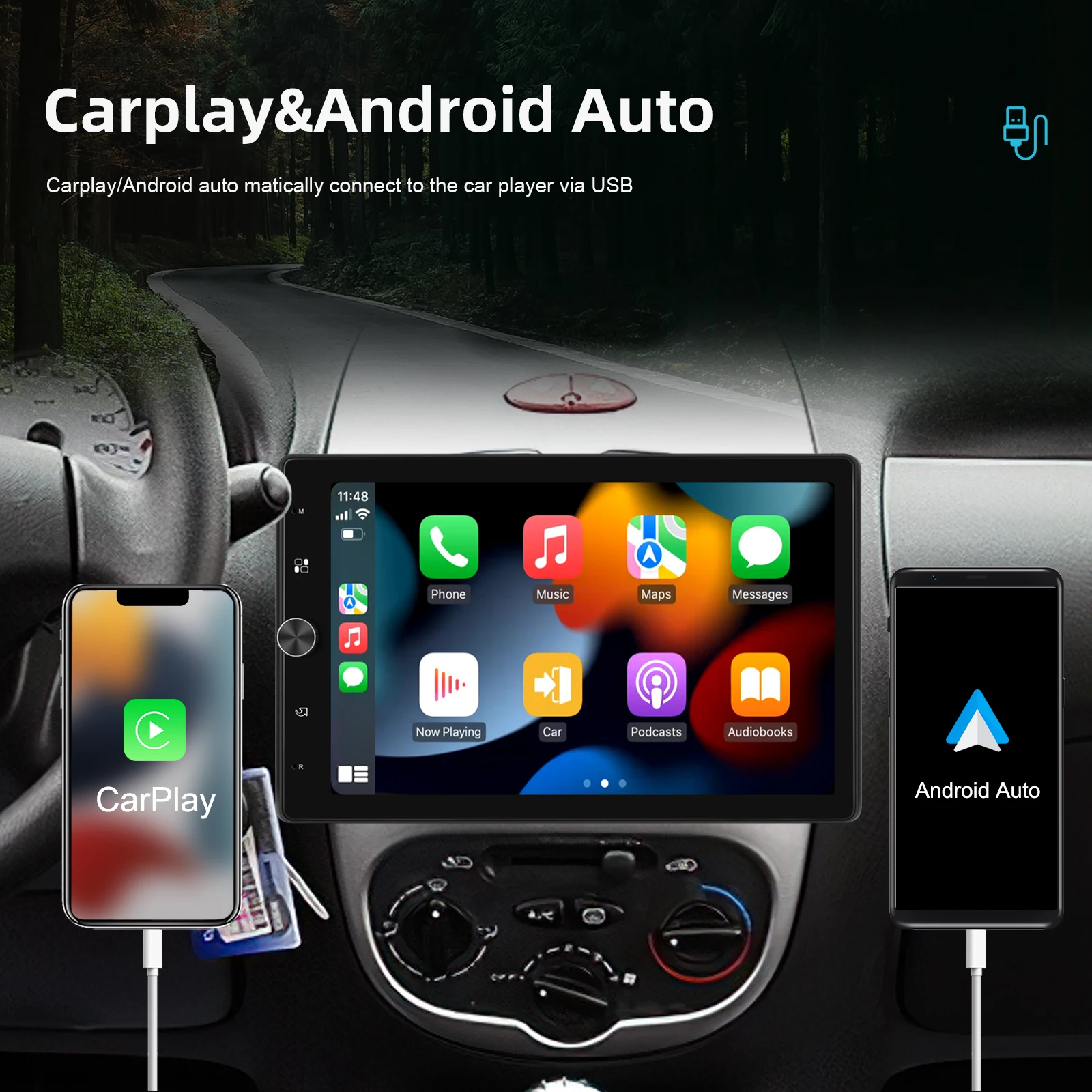 Podofo Car Stereo Radio 10.4'' HD Carplay Android Auto AI Voice Bluetooth EQ FM Radio USB Mirror Link Car Multimedia Player