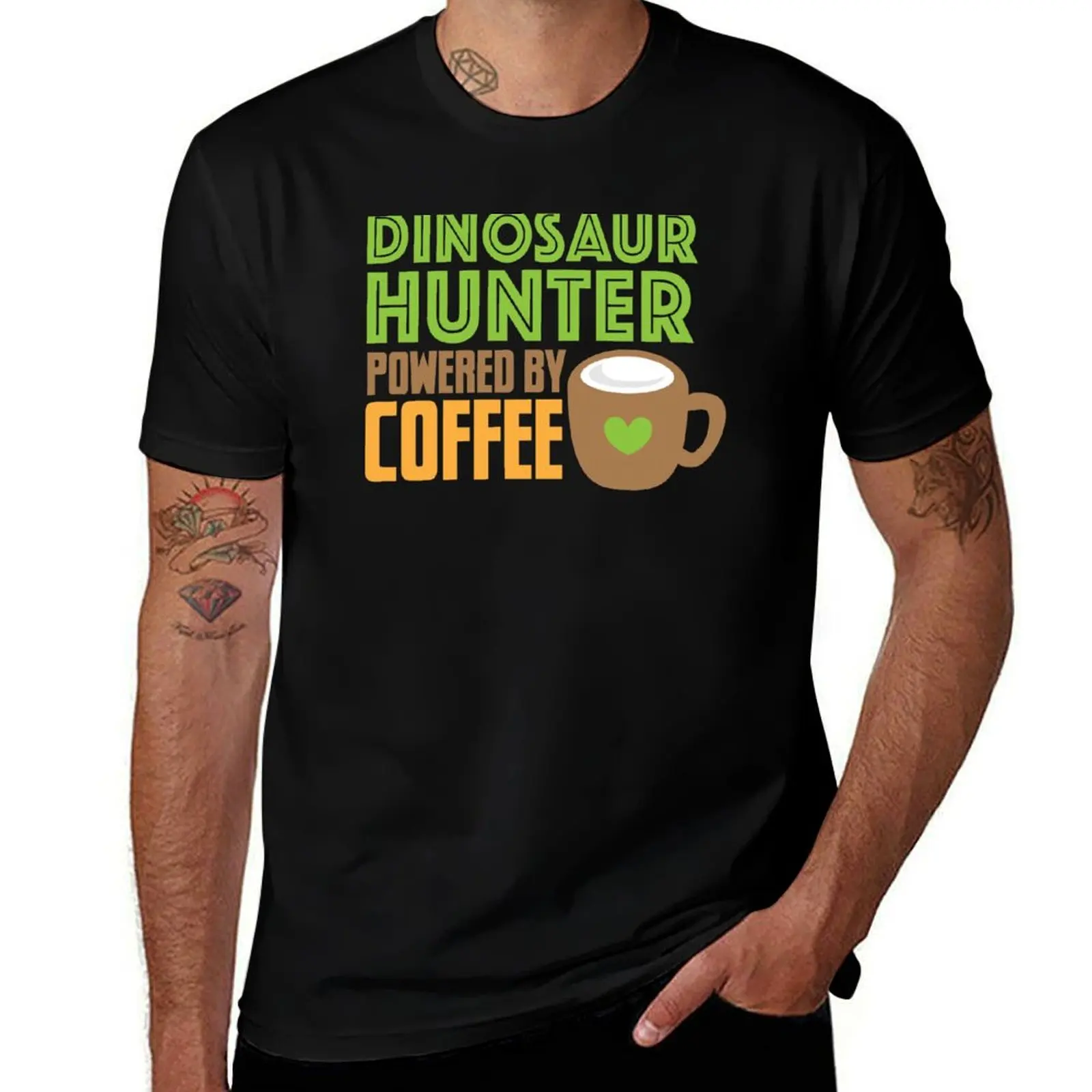 DINOSAUR Hunter powered by coffee T-Shirt Big and Tall Casual T-Shirt
