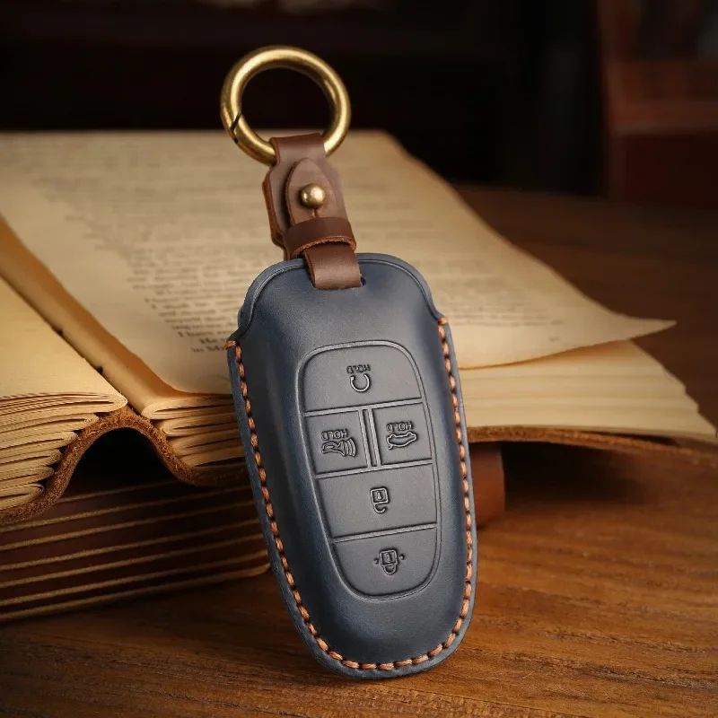 Genuine Leather Key Case Key Fob Cover Shell With Keychain Precise Fit Interior Accessories For Hyundai Tucson NX4/Nexo/Palisade