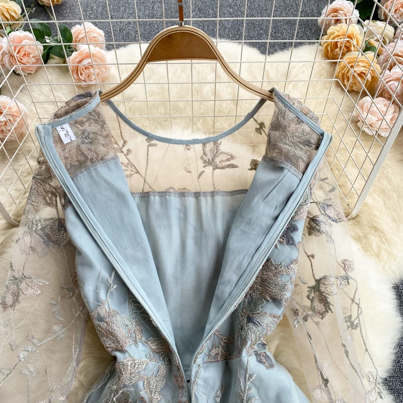 Robe d'été en maille brodée pour femmes, robes mi-longues vintage, col rond, tempérament élégant, soirée éducative, Rh, dames, été