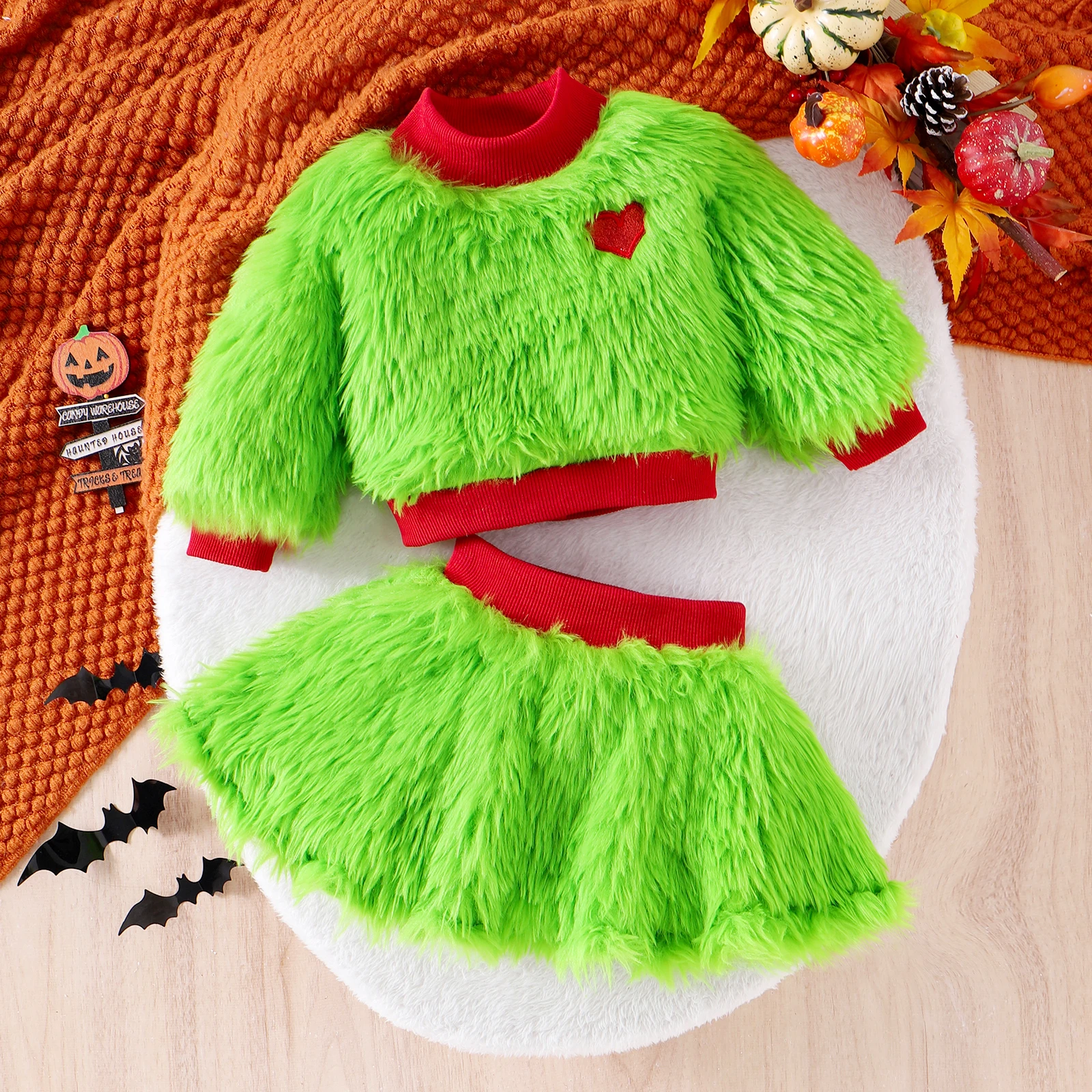 2PCS Autumn And Winter 1-4 Years Old Girl Baby Comfortable Fashionable Foreign Style Green Fluffy Top + Short Skirt Set