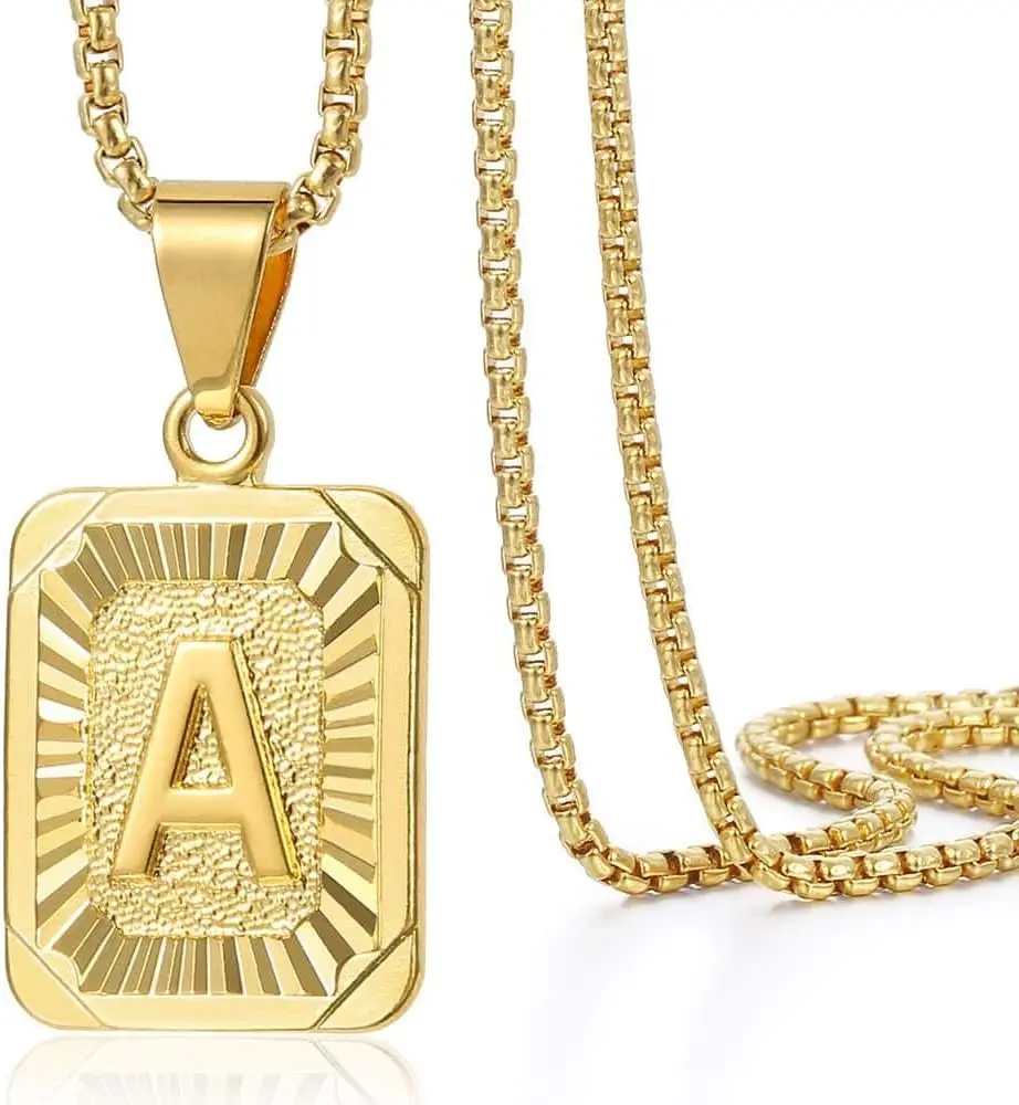 Collar con colgante de letra de A-Z inicial para hombre y mujer, cadena de caja de acero inoxidable chapada en oro amarillo con letra mayúscula de 22 pulgadas