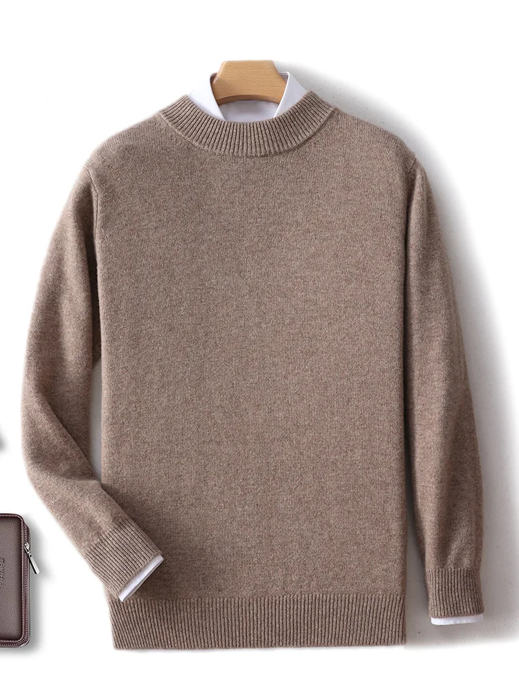 100% Merino Wool Men's Semi High Neck Thickened Autumn Winter Base Sweater Casual Knit Sweater