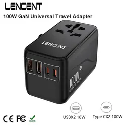 LENCENT GaN III 100W Universal Travel Adapter with 2 USB and 2 Type C PD Fast Charging Adapter EU/UK/USA/AUS Plug for Travel