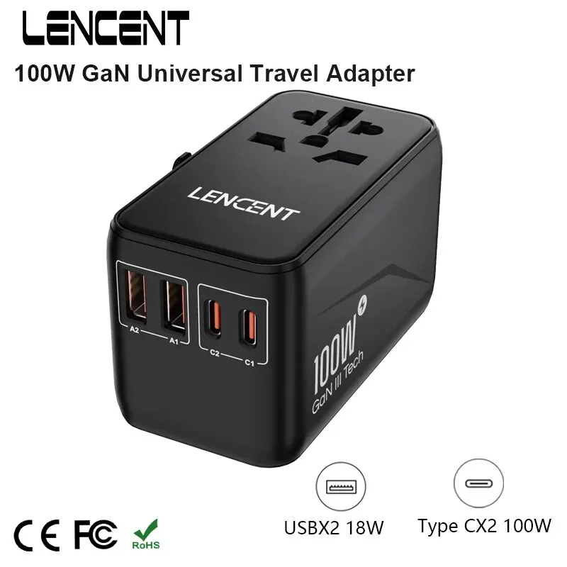 LENCENT GaN III 범용 여행용 어댑터, 여행용 고속 충전 어댑터, EU, UK, USA, AUS 플러그, USB 2 개 및 C타입 PD 2 개 포함, 100W