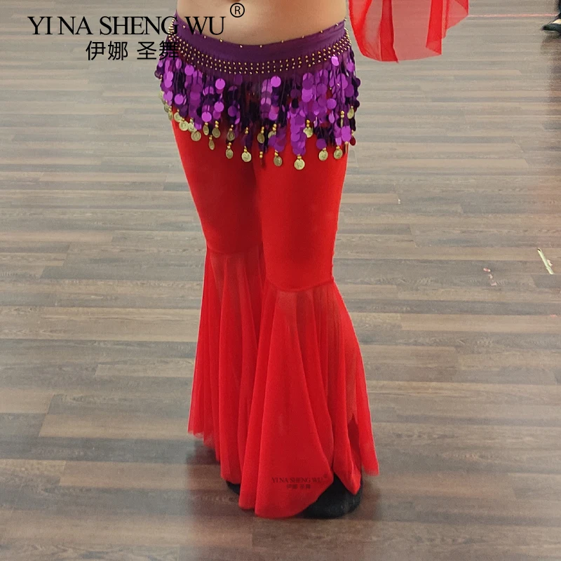 New Belly Dance Costumes Chiffon Belly Dance Pants for Women Belly Dance Bell Bottom Pants Oriental Dance Practice Mesh Trousers