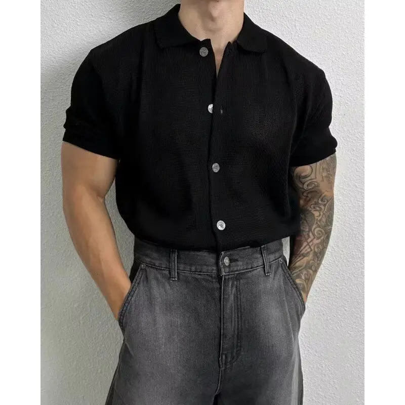 Summer New Men Clothing Short Sleeve Knitted Polo Shirt for Men Solid Color Niche Casual Slim Fit Lapel Button Men T Shirt