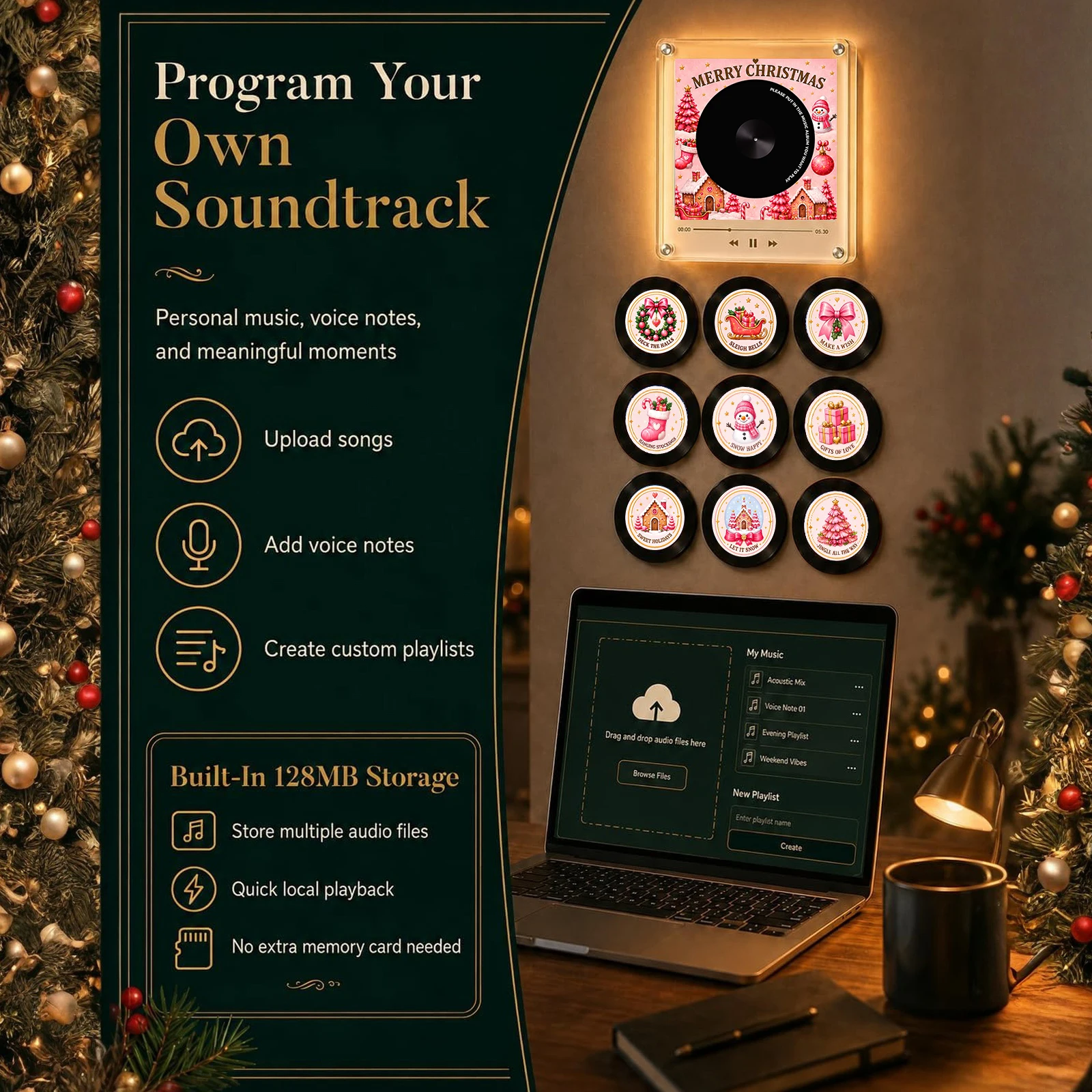 Mini NFC Music Player Magnetic Fridge Decor 9 Discs Rotating Vinyl Record LED Night Light Christmas Acrylic
