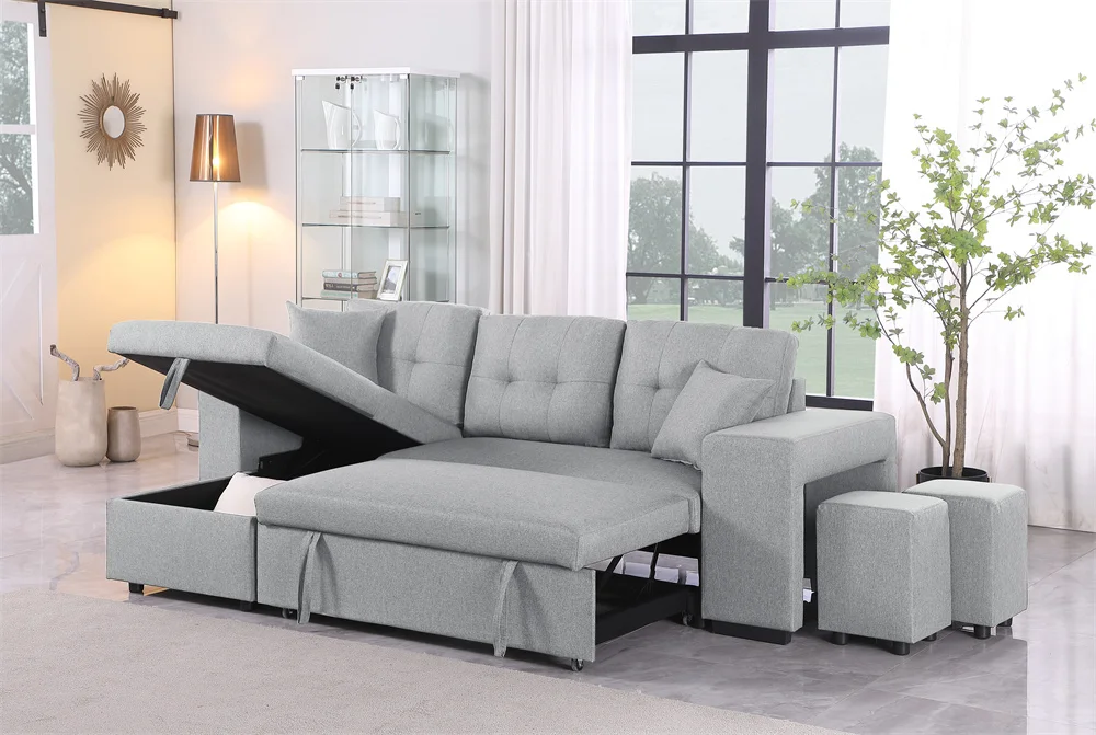 #￥Manufacturer Modern Living Room Sofa Come Bed Convertible L Shape Corner Let Out Retractable Sofa Bed with Storage Container